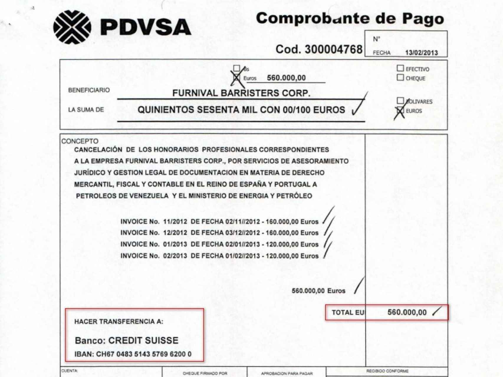 Orden de pago de la petrolera venezolana para enviar el dinero a Suiza.