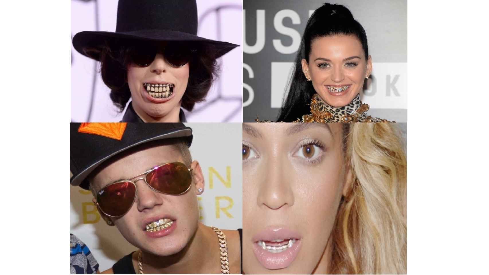 De izquierda a derecha: Lady Gaga, Katy Perry, Justin Bieber y Beyonce luciendo grills.