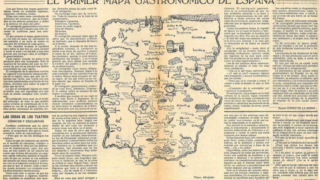El artículo de Ramón Gómez de la Serna publicado en 'Buen Humor' junto al mapa dibujado por él mismo.