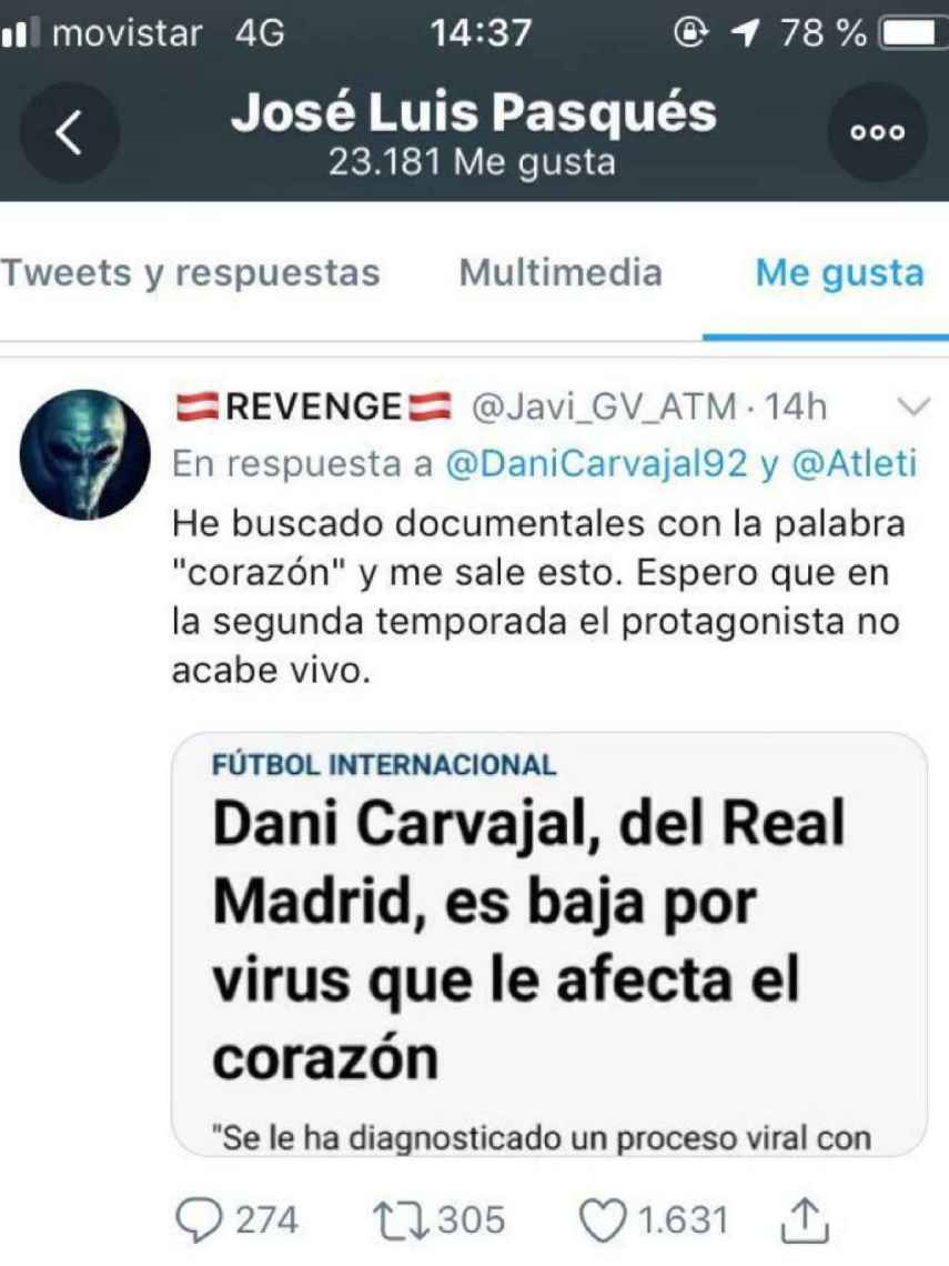 El jefe de prensa de Simeone dio 'me gusta' a un tuit que deseaba la muerte a Carvajal
